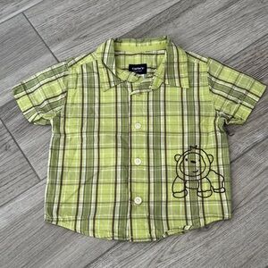 Carters Plaid Monkey Button Down Short Sleeve Shirt, Green/ Brown, Size 9 month
